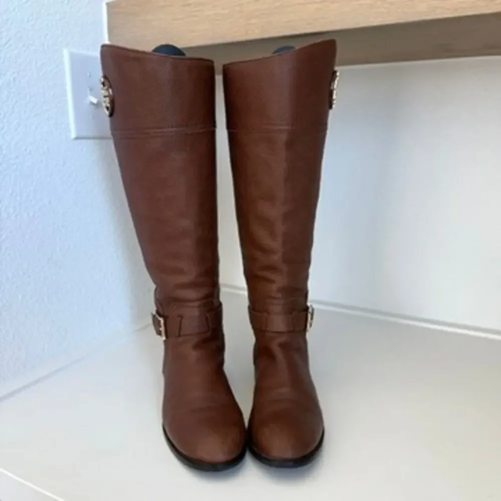 TORY BURCH Riding Boots Brown Leather Zip‎ Knee High Logo Buckle Women 7M